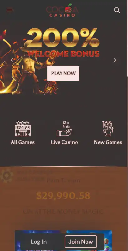 Cocoa Casino mobile games interface