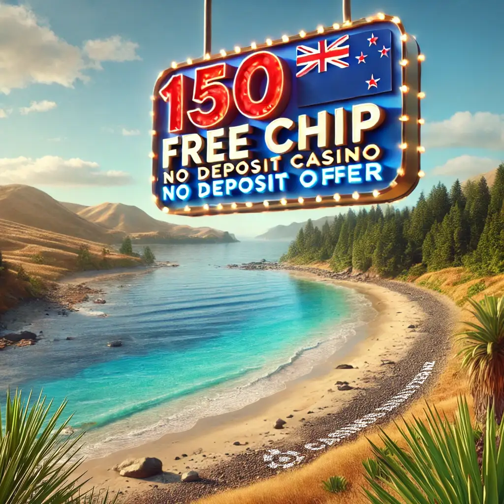 New Zealand beach scene with 150 Free Chip No Deposit casino offer sign.