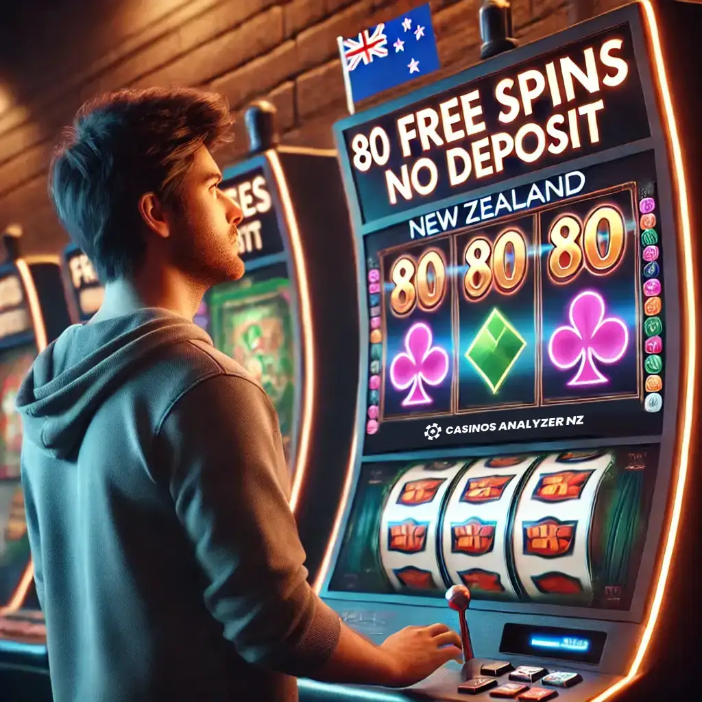 New Zealand player spinning virtual slot machine offering 80 Free Spins No Deposit
