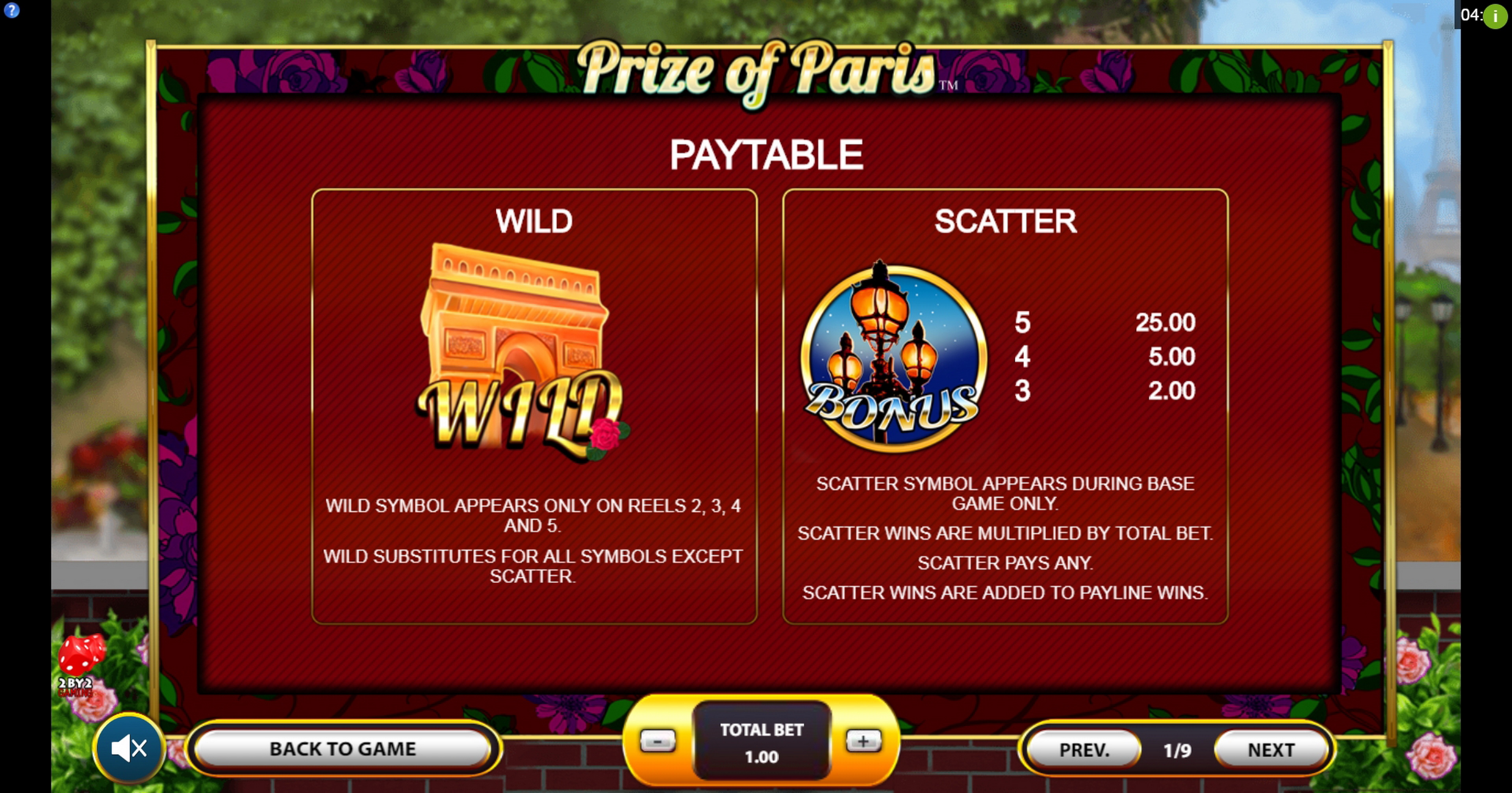 Info of Prize of Paris Slot Game by 2 By 2 Gaming