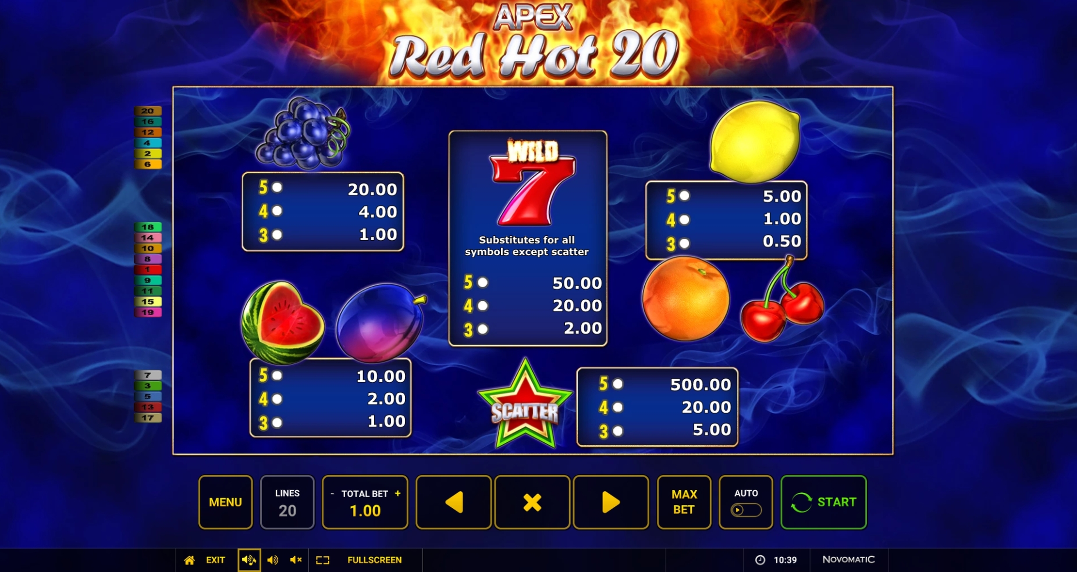 Info of Red Hot 20 Slot Game by Apex Gaming