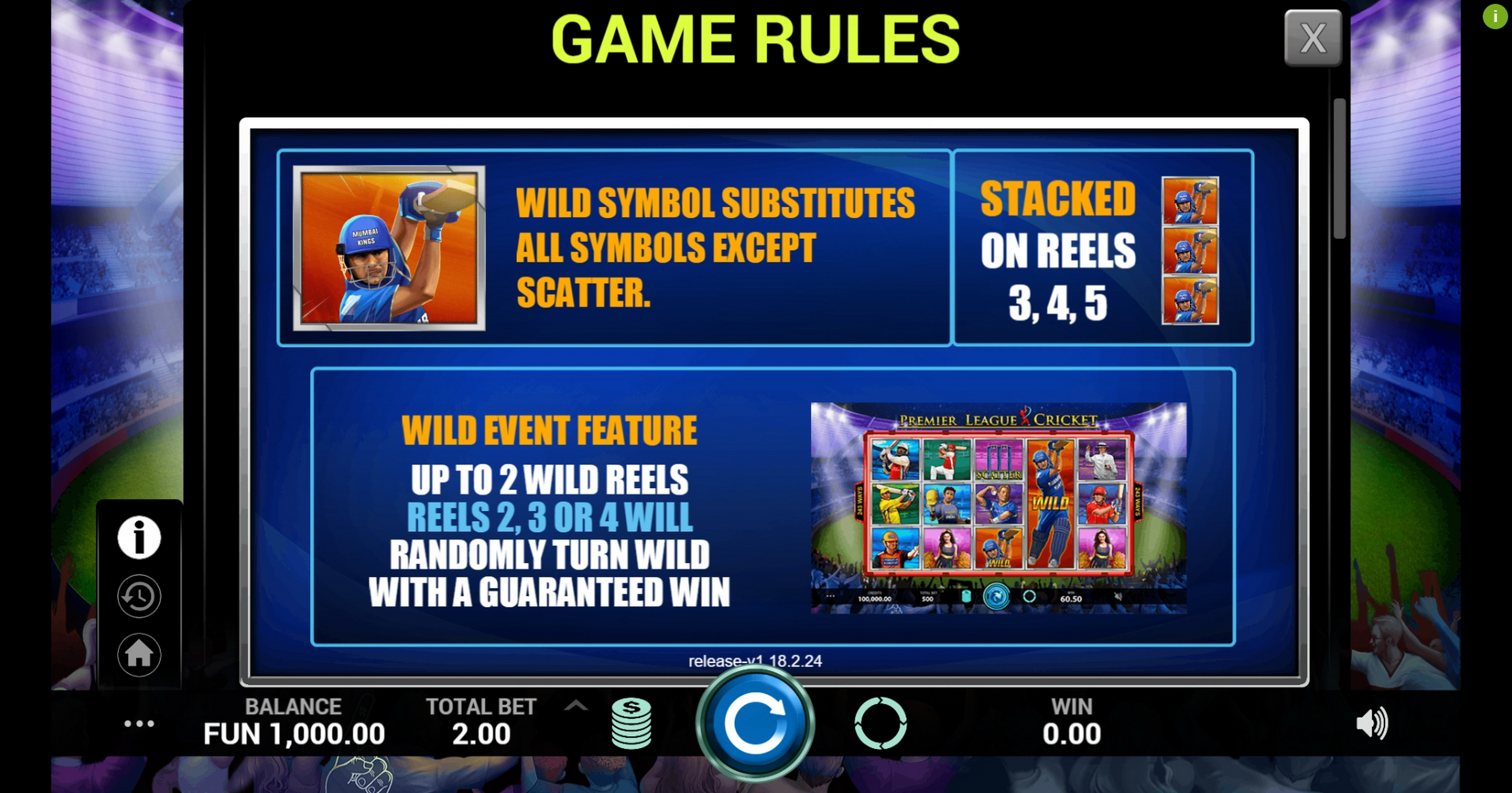 Info of Premier League Cricket Slot Game by Indi Slots