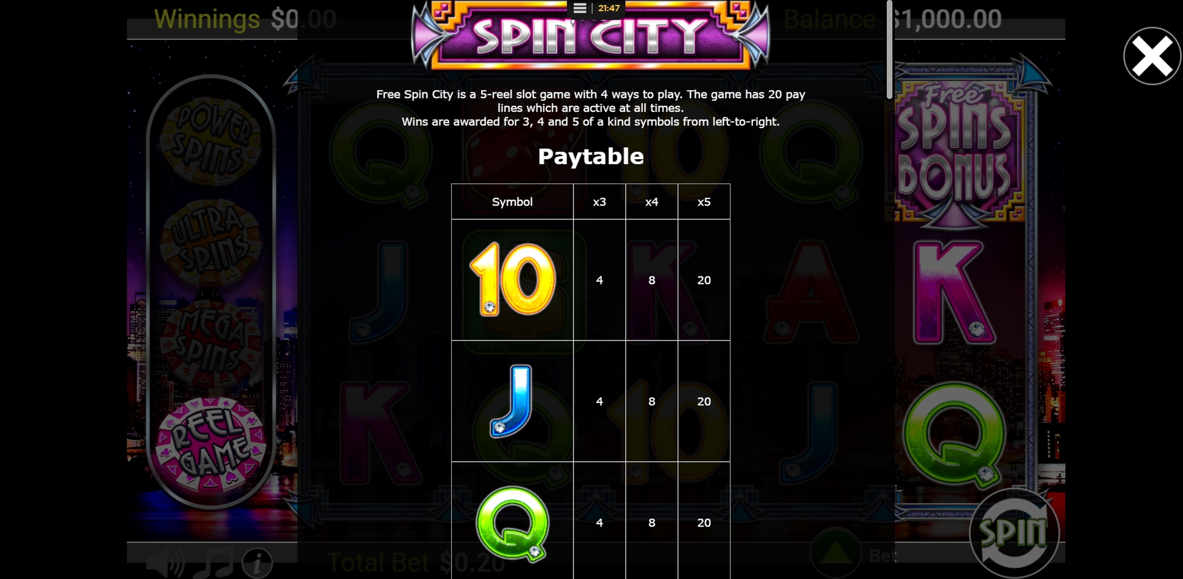 Info of Free Spin City Slot Game by Betdigital