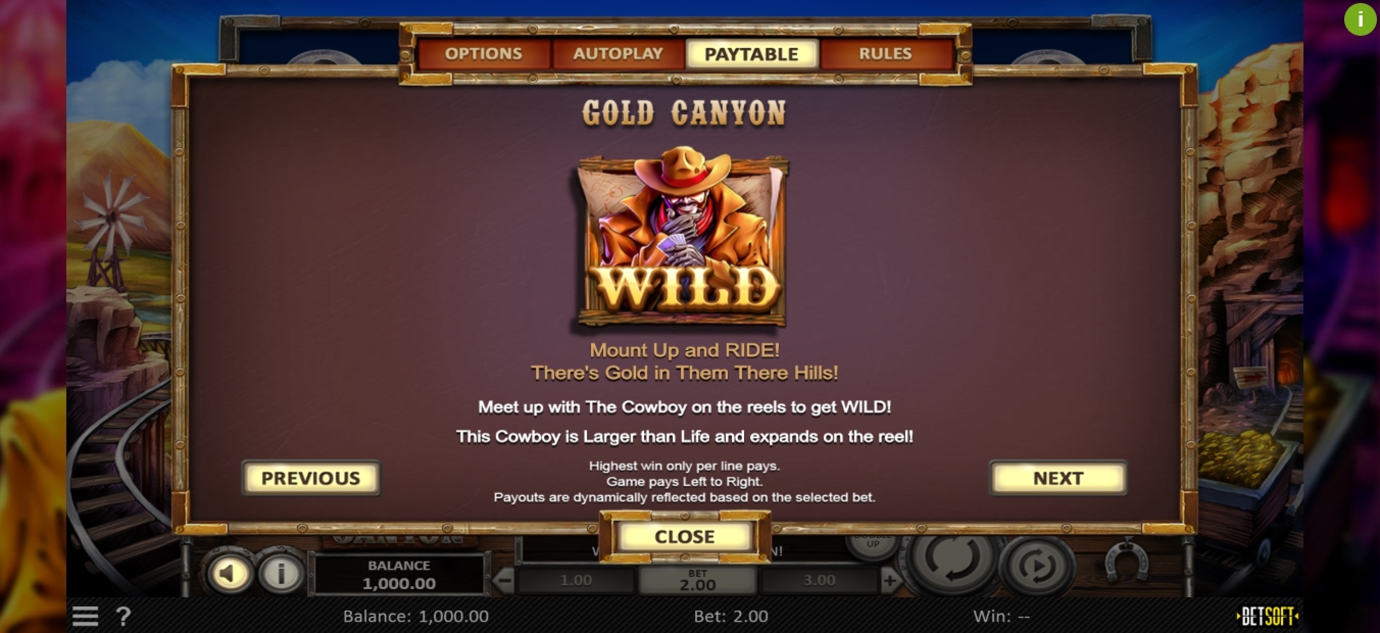 Info of Gold Canyon Slot Game by Betsoft