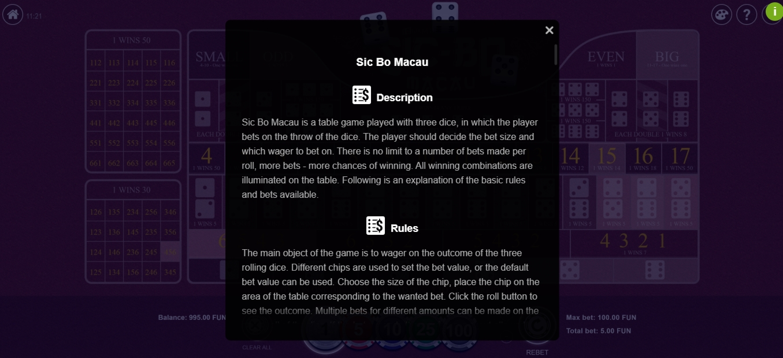 Info of Sic Bo Macau Slot Game by BGAMING