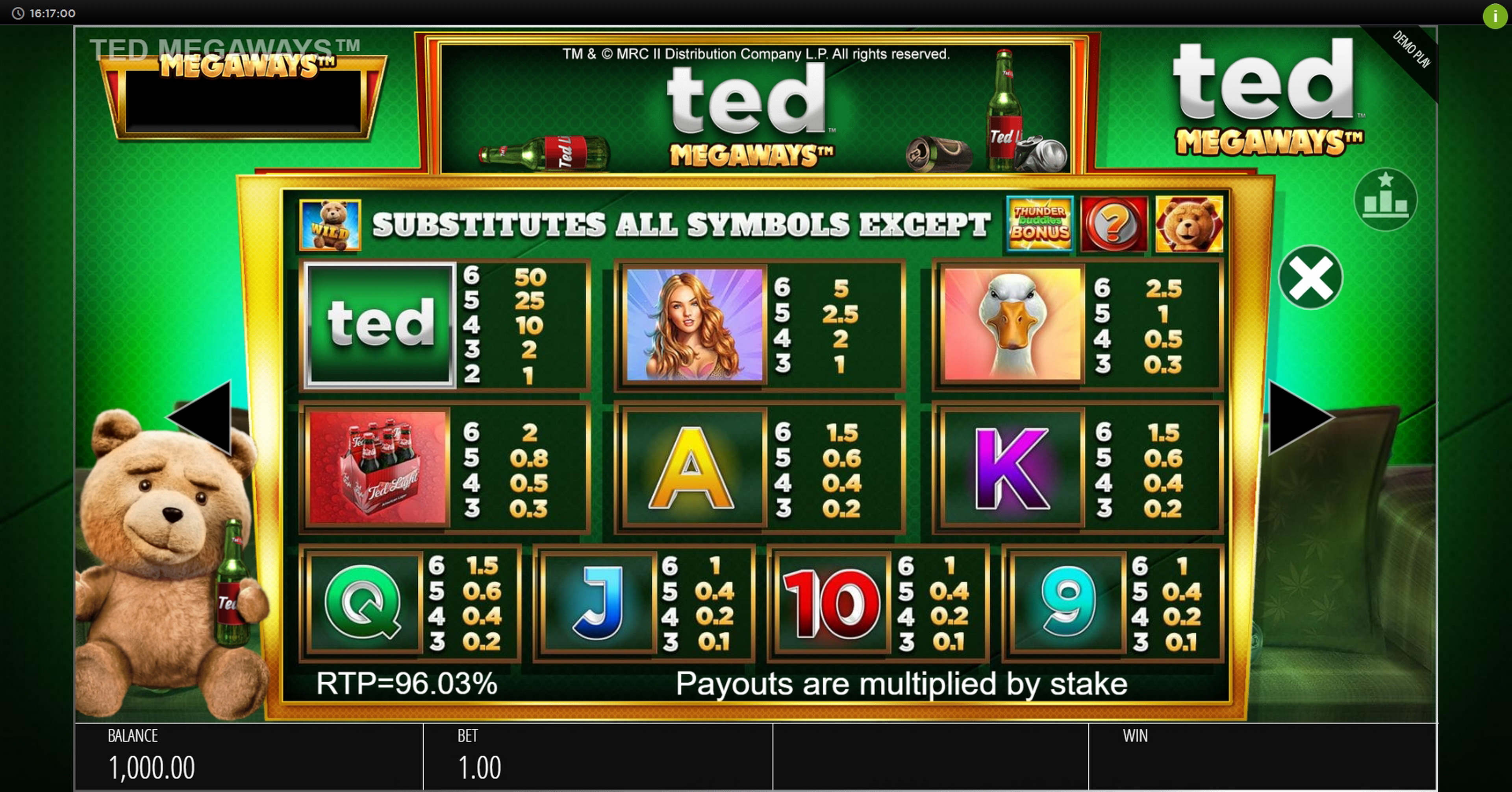 Info of Ted Megaways Slot Game by Blueprint Gaming