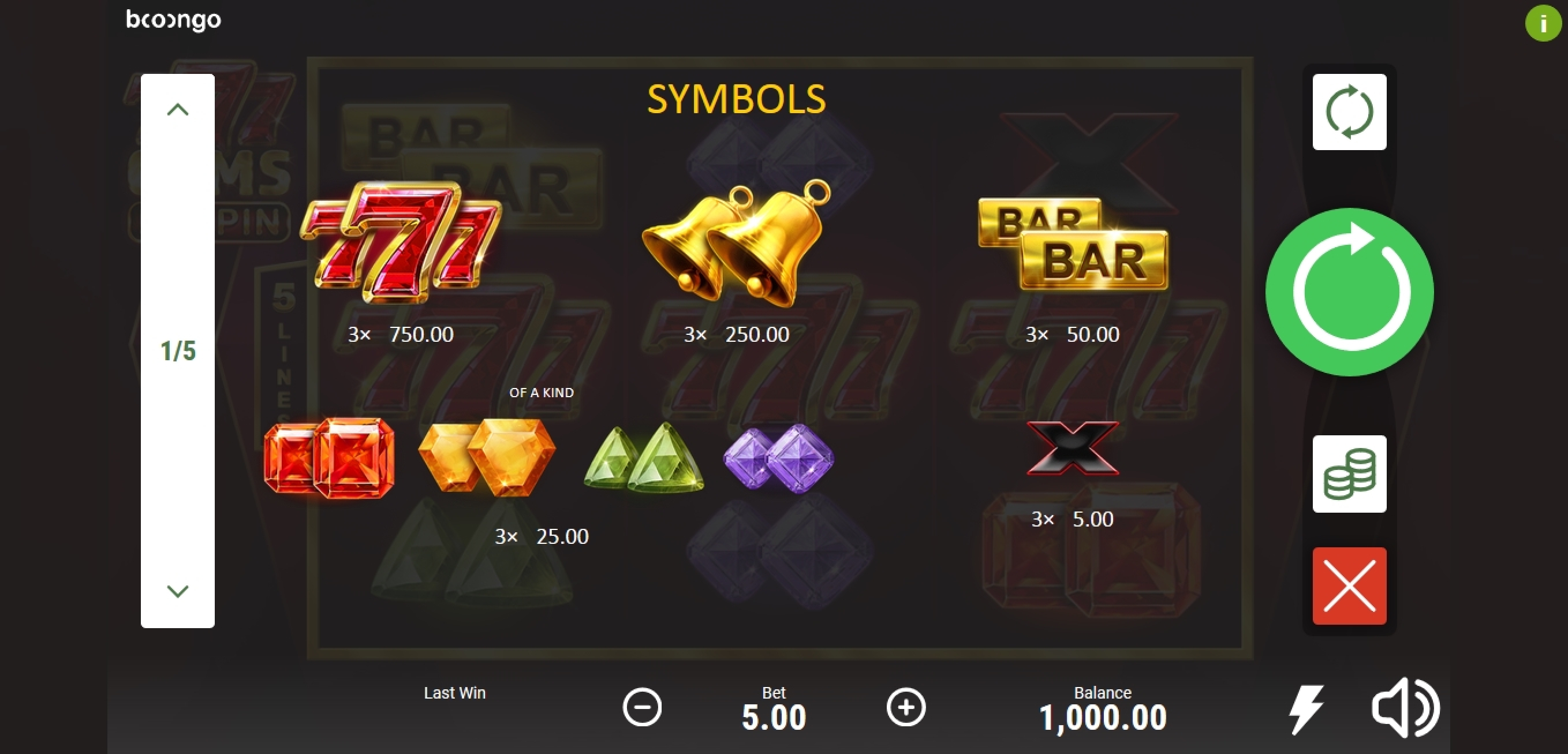 Info of 777 Gems Respin Slot Game by Booongo Gaming