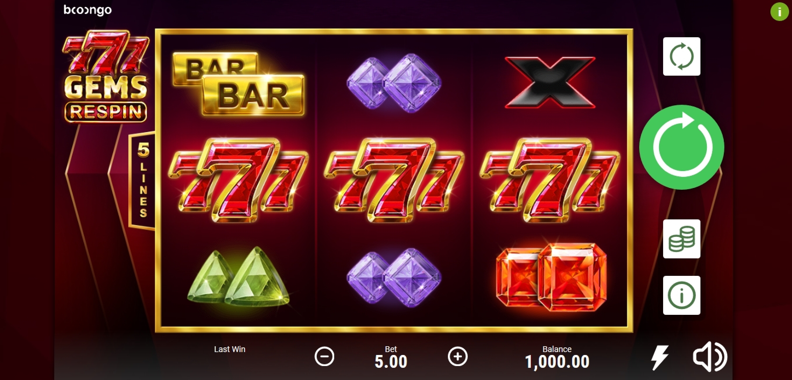 Reels in 777 Gems Respin Slot Game by Booongo Gaming