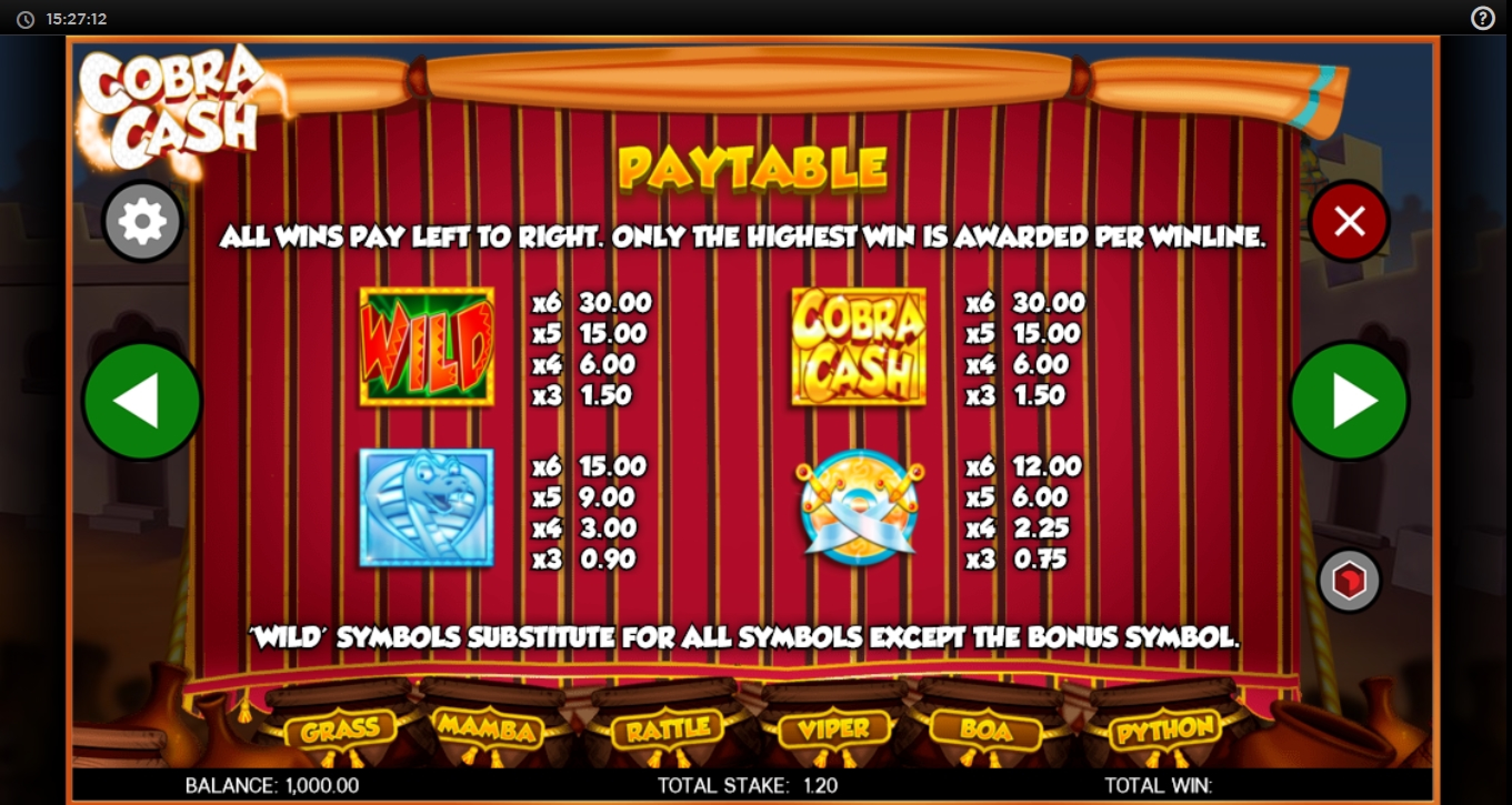 Info of Cobra Cash Slot Game by CORE Gaming