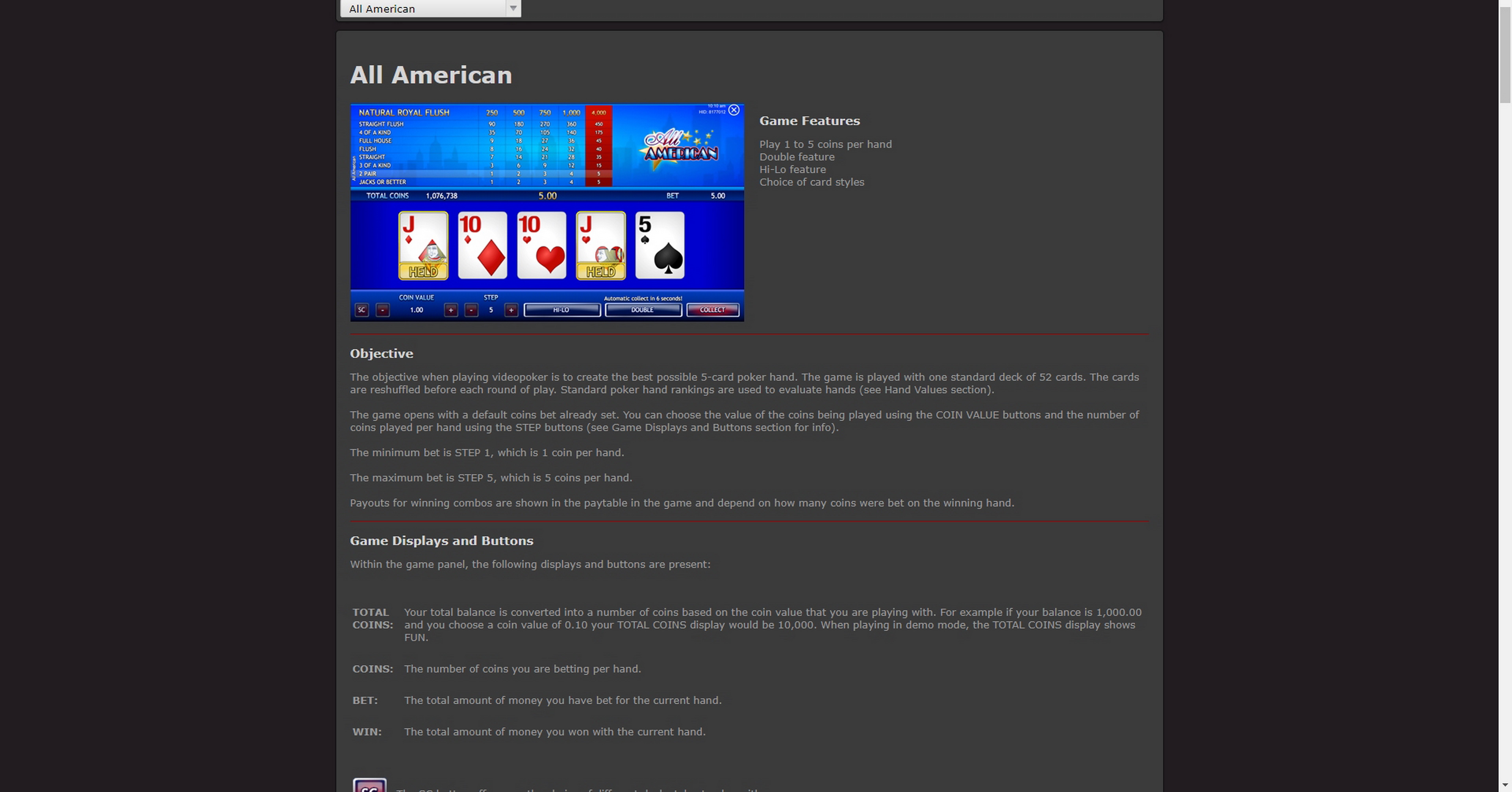 Info of All American Slot Game by Espresso Games