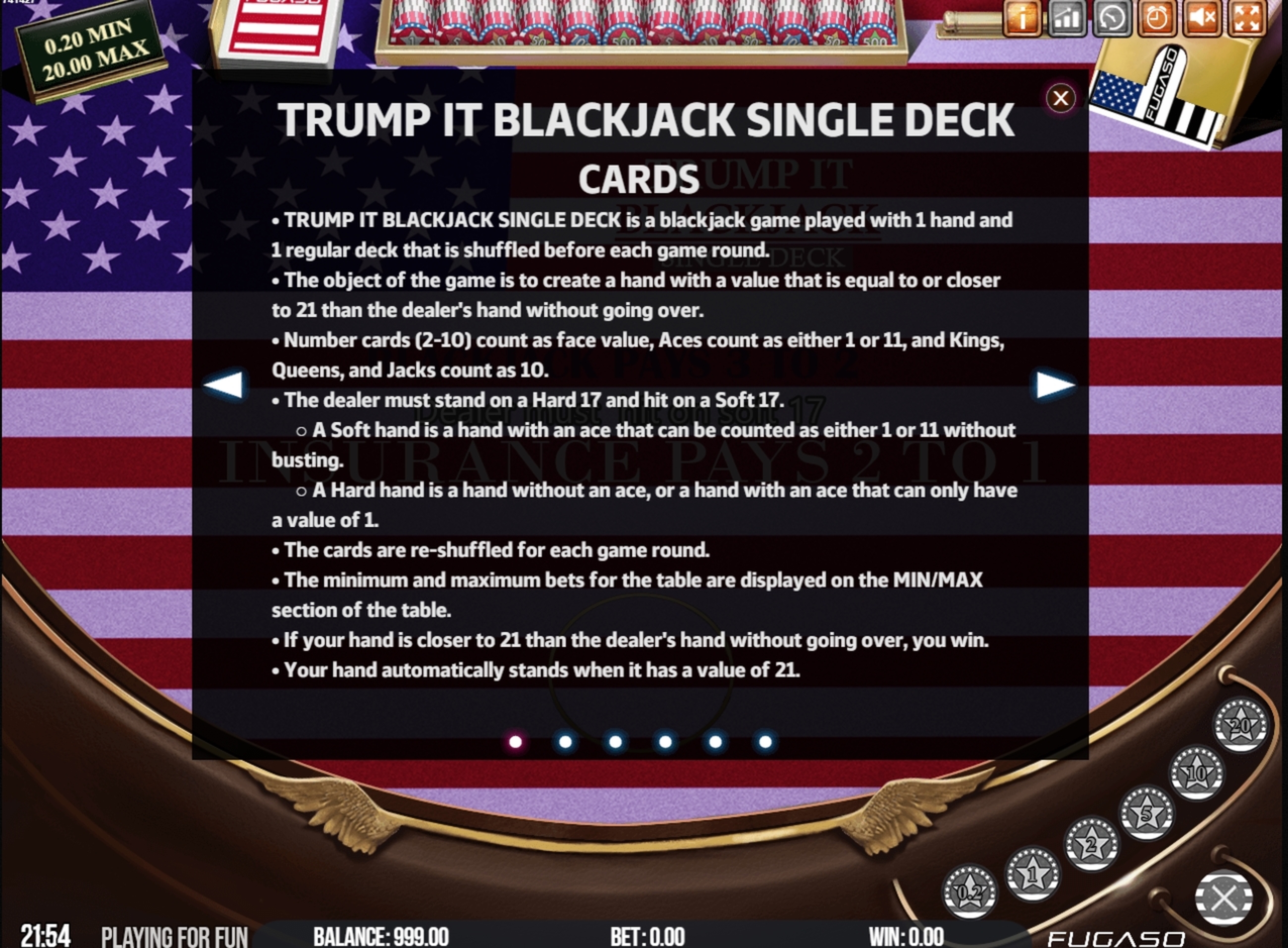 Info of Trump It Blackjack Single Deck Slot Game by Fugaso