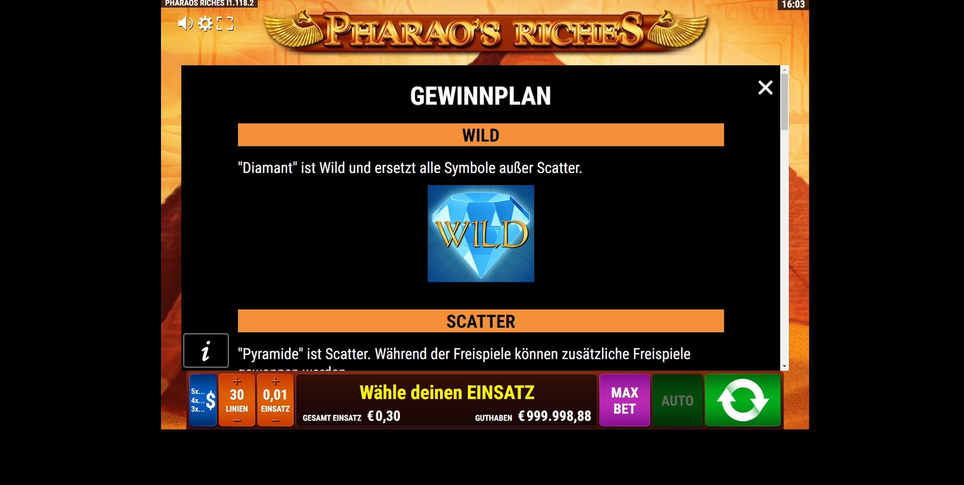 Info of Pharao's Riches Slot Game by Gamomat