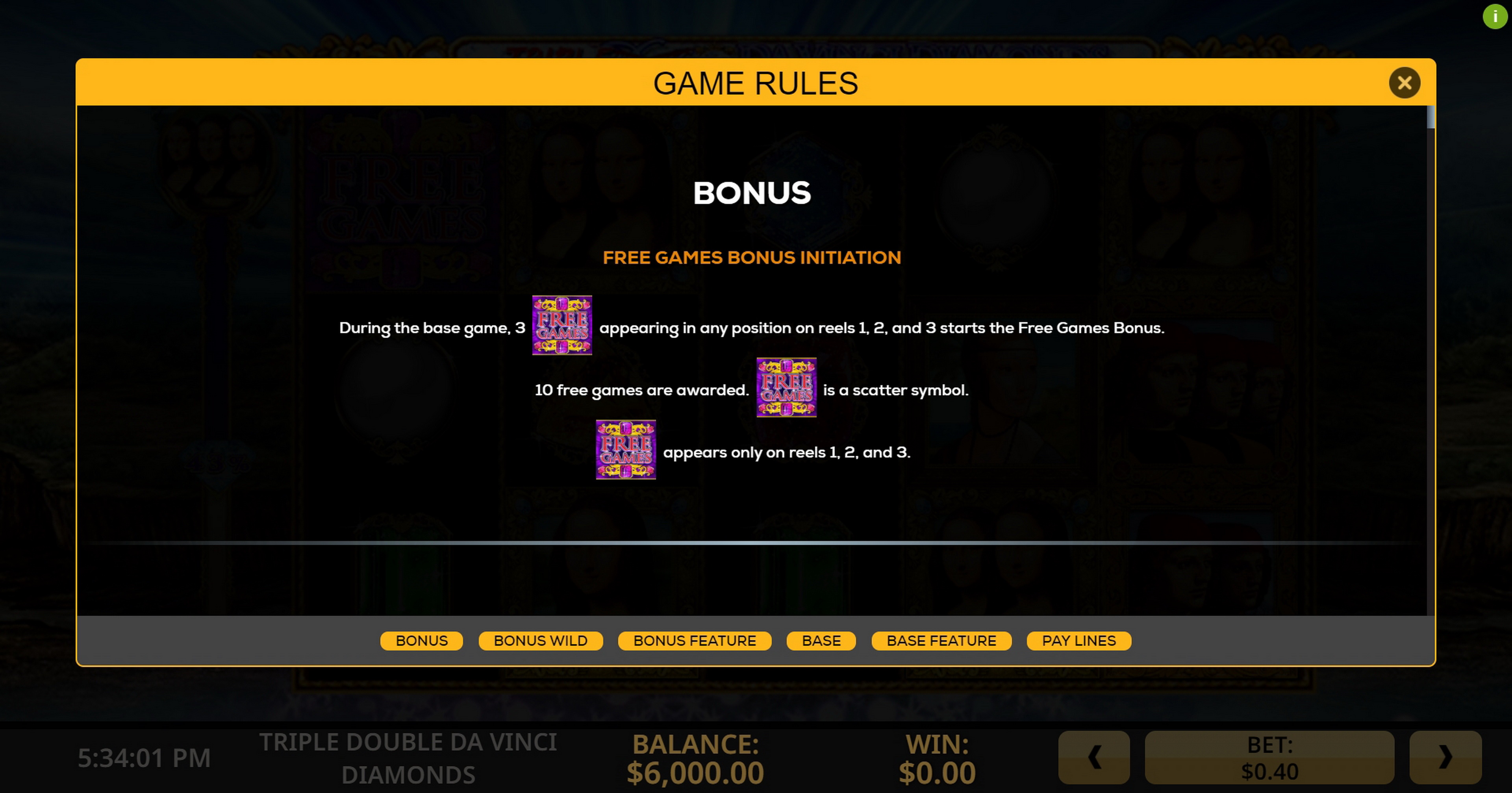 Info of Triple Double DaVinci Diamonds Slot Game by High 5 Games