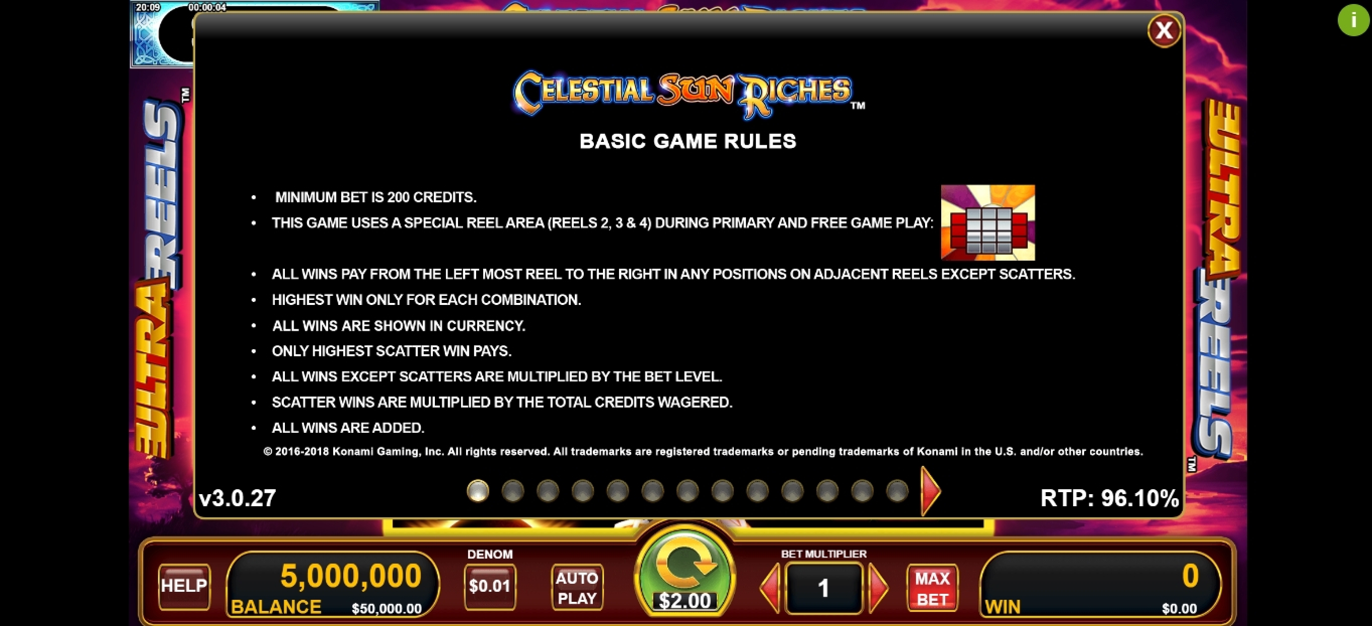 Info of Celestial Sun Riches Slot Game by Konami Gaming