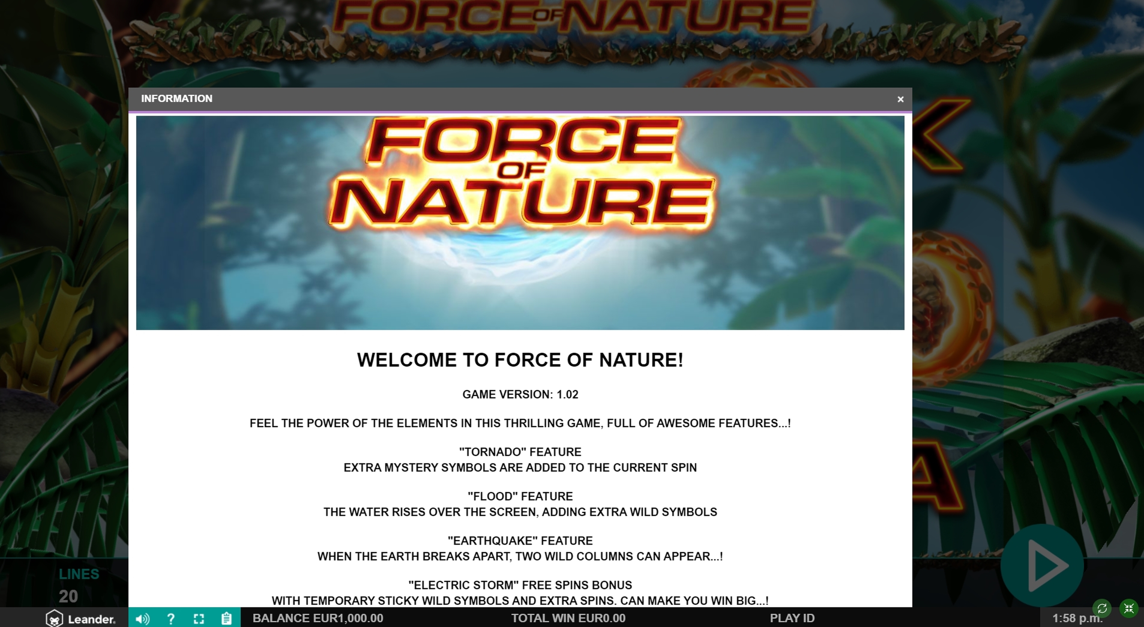 Info of Force of Nature Slot Game by Leander Games