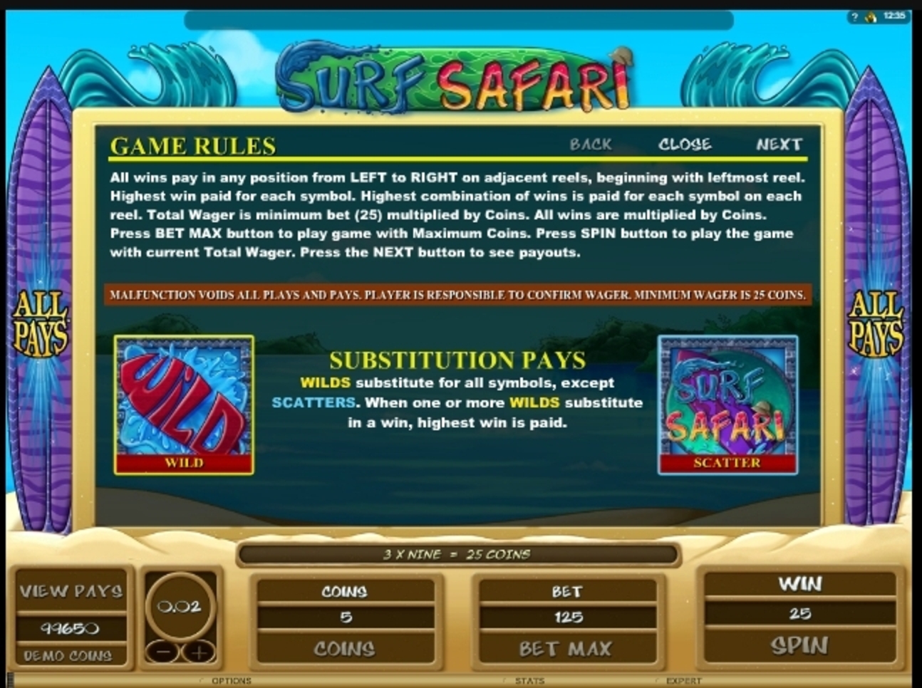 Info of Surf Safari Slot Game by Microgaming