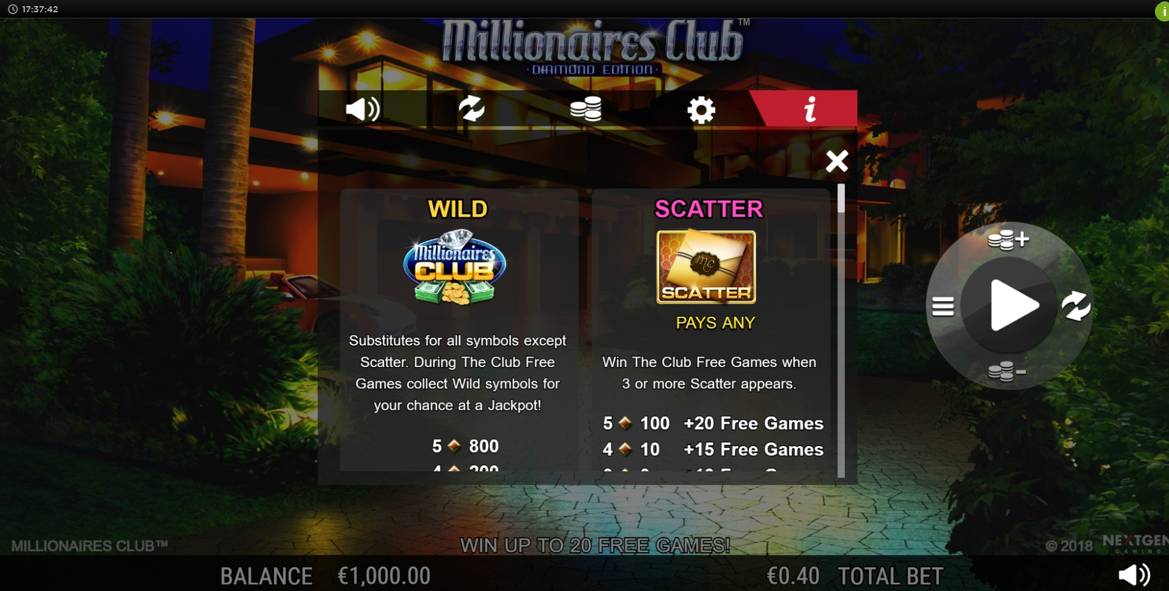 Info of Millionaires Club Diamond Edition Slot Game by NextGen Gaming