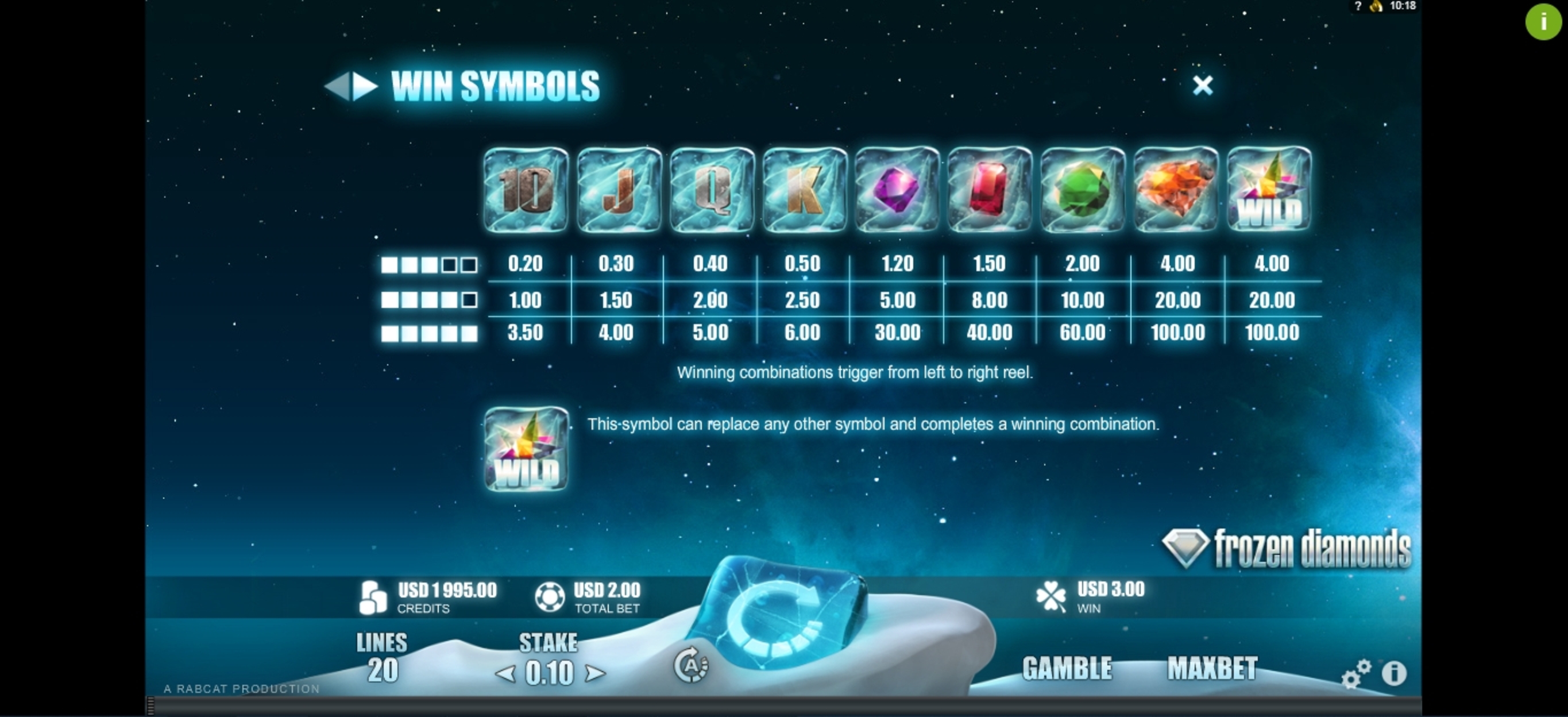Info of Frozen Diamonds Slot Game by Rabcat
