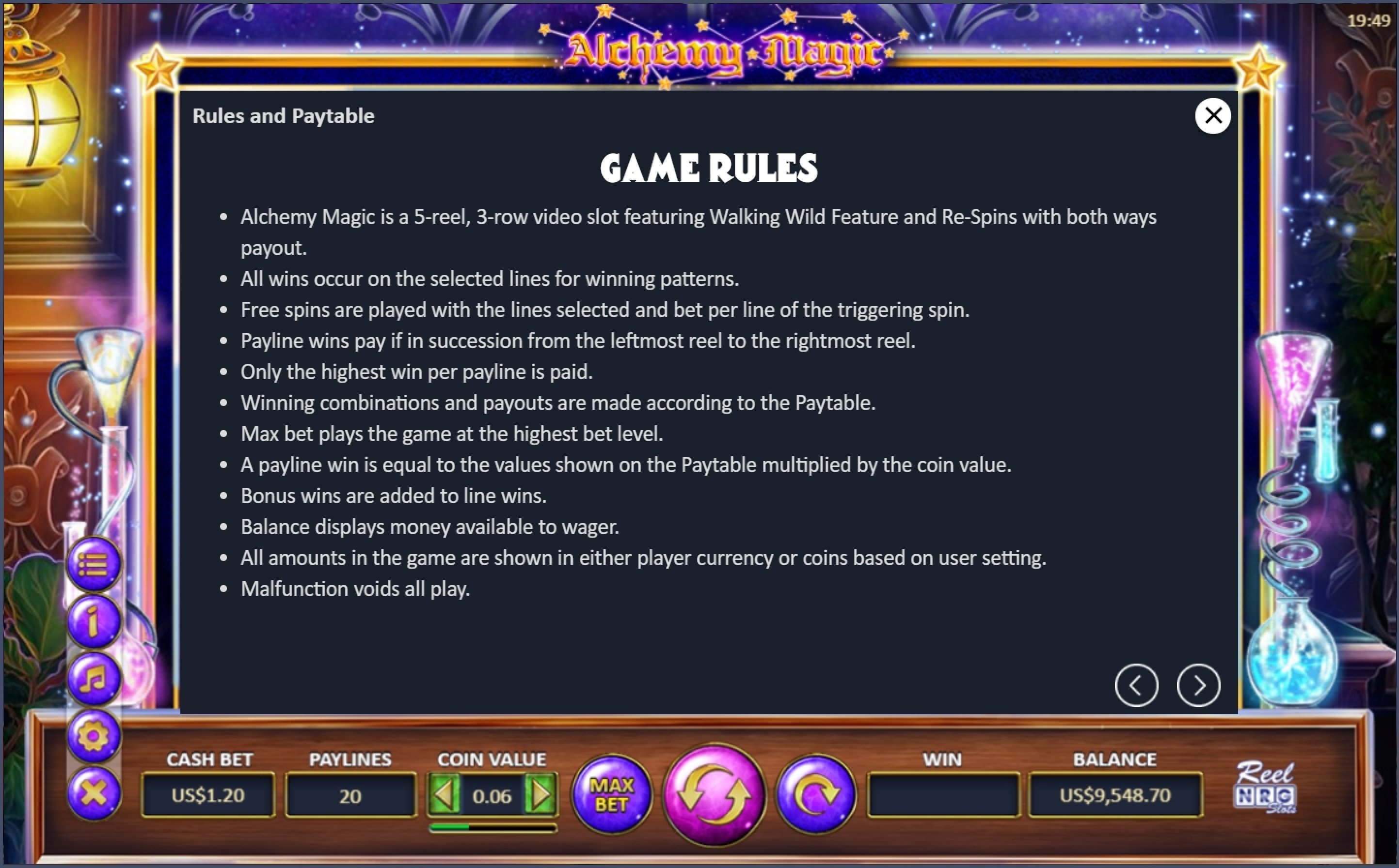 Info of Alchemy Magic Slot Game by ReelNRG Gaming