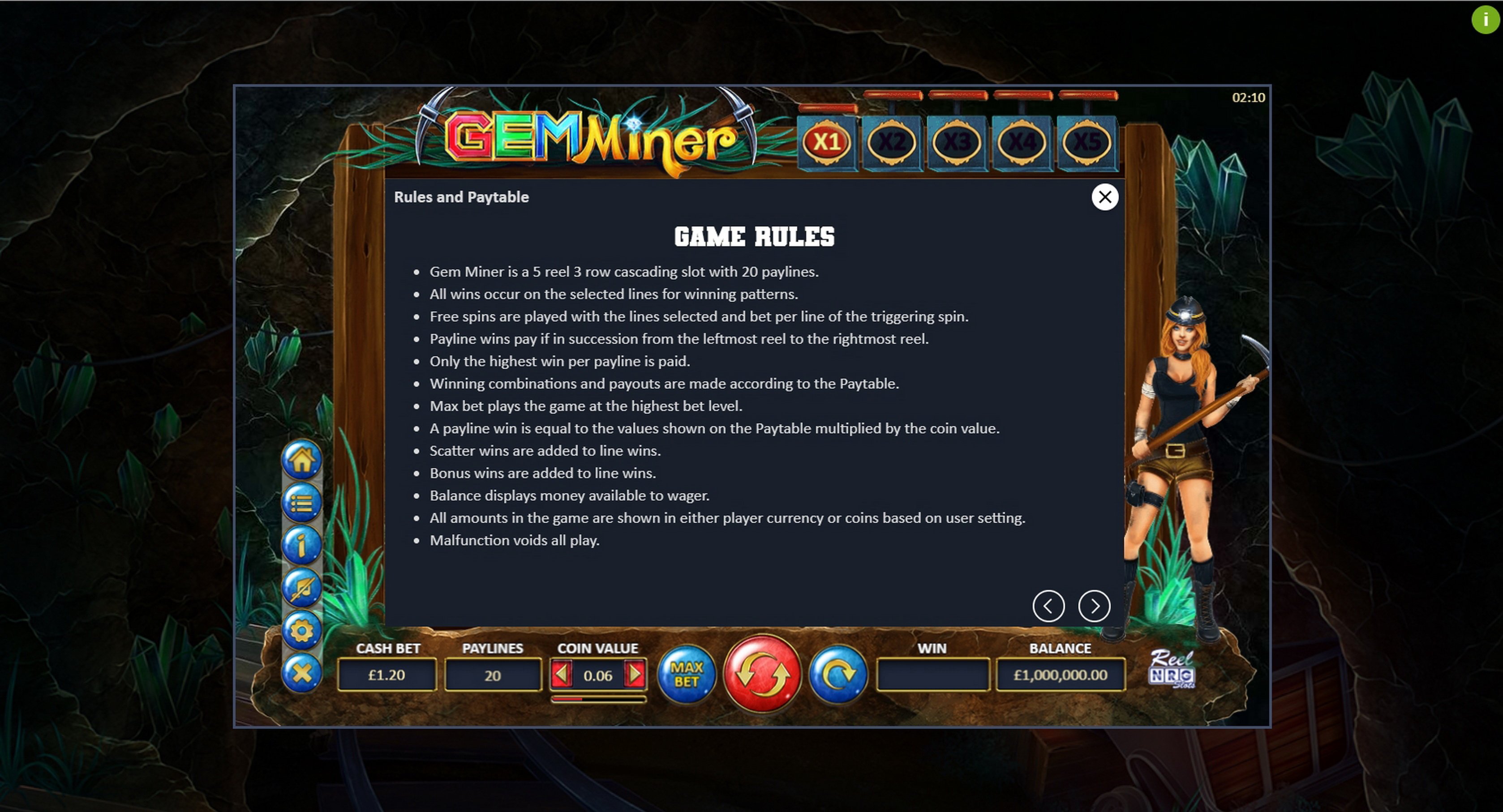 Info of Gem Miner Slot Game by ReelNRG Gaming