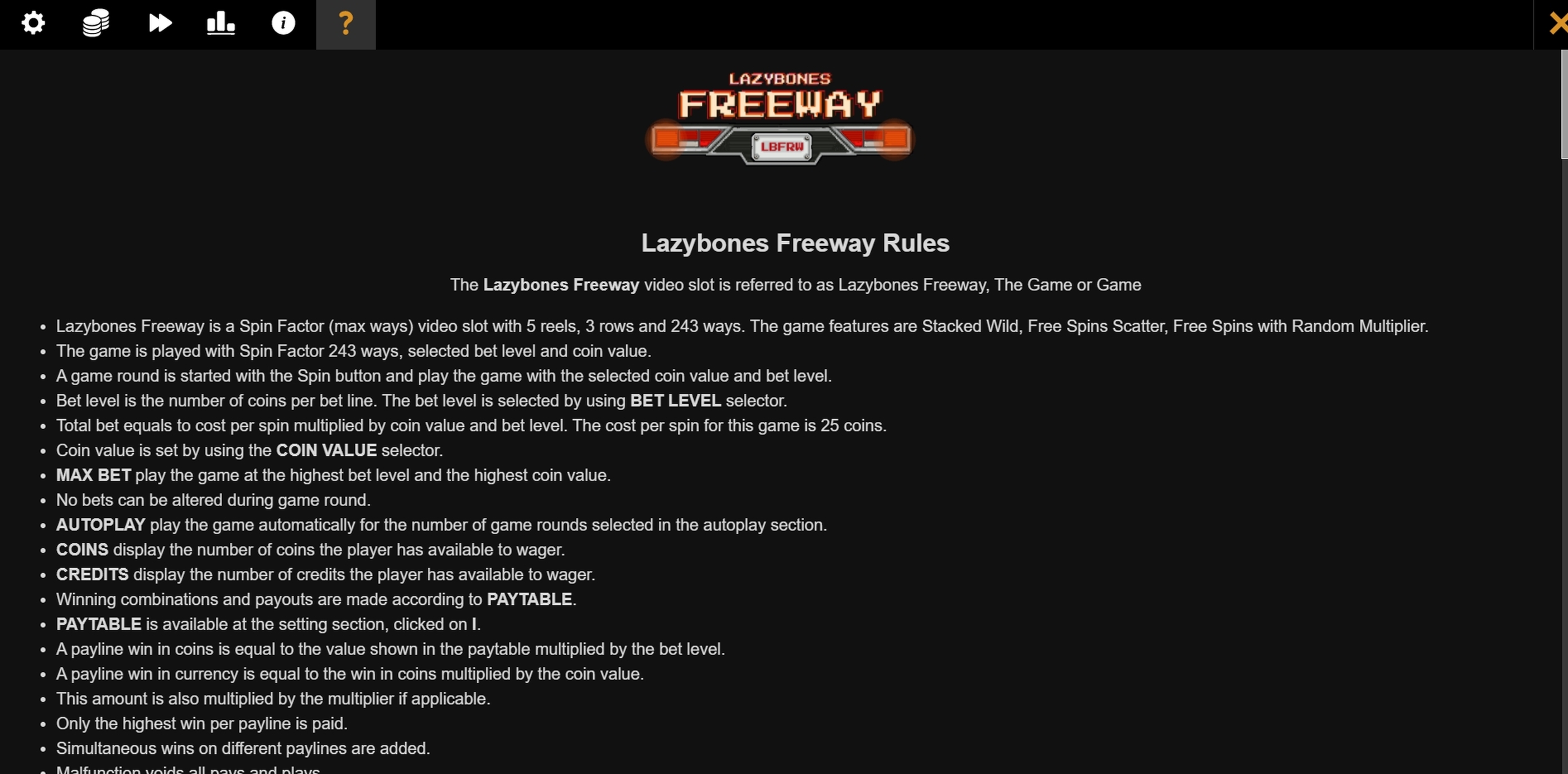 Info of Lazy Bones Freeway Slot Game by Spinmatic