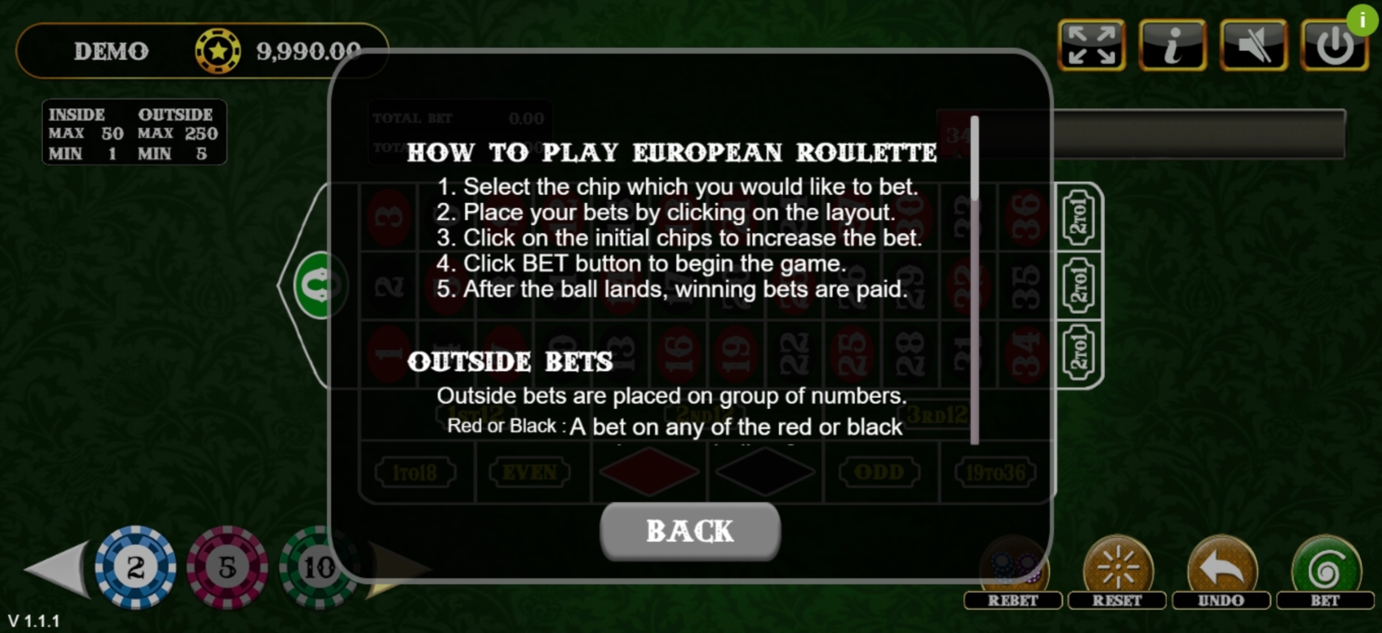 Info of European Roulette Slot Game by Vela Gaming