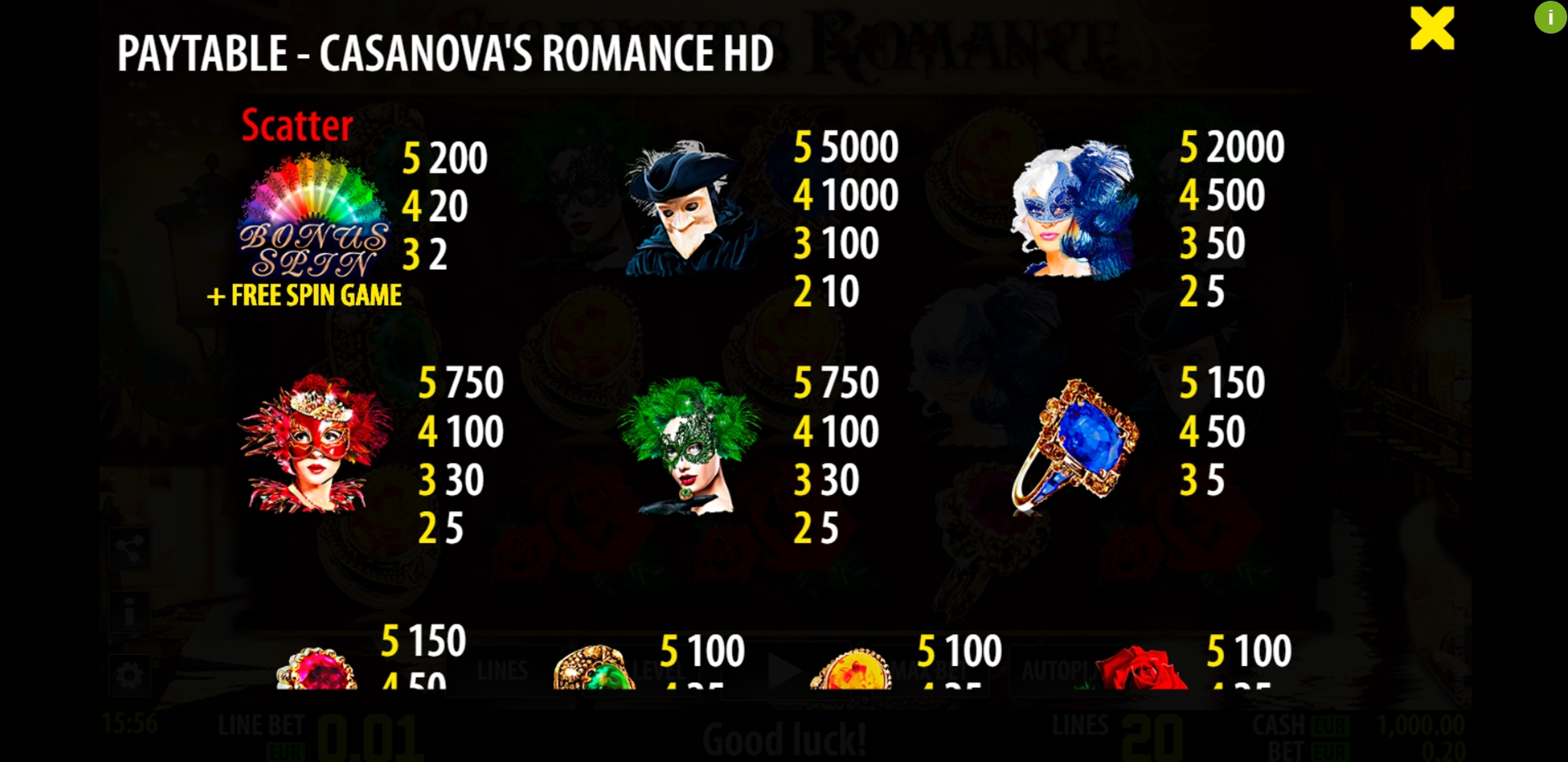Info of Casanova's Romance HD Slot Game by World Match